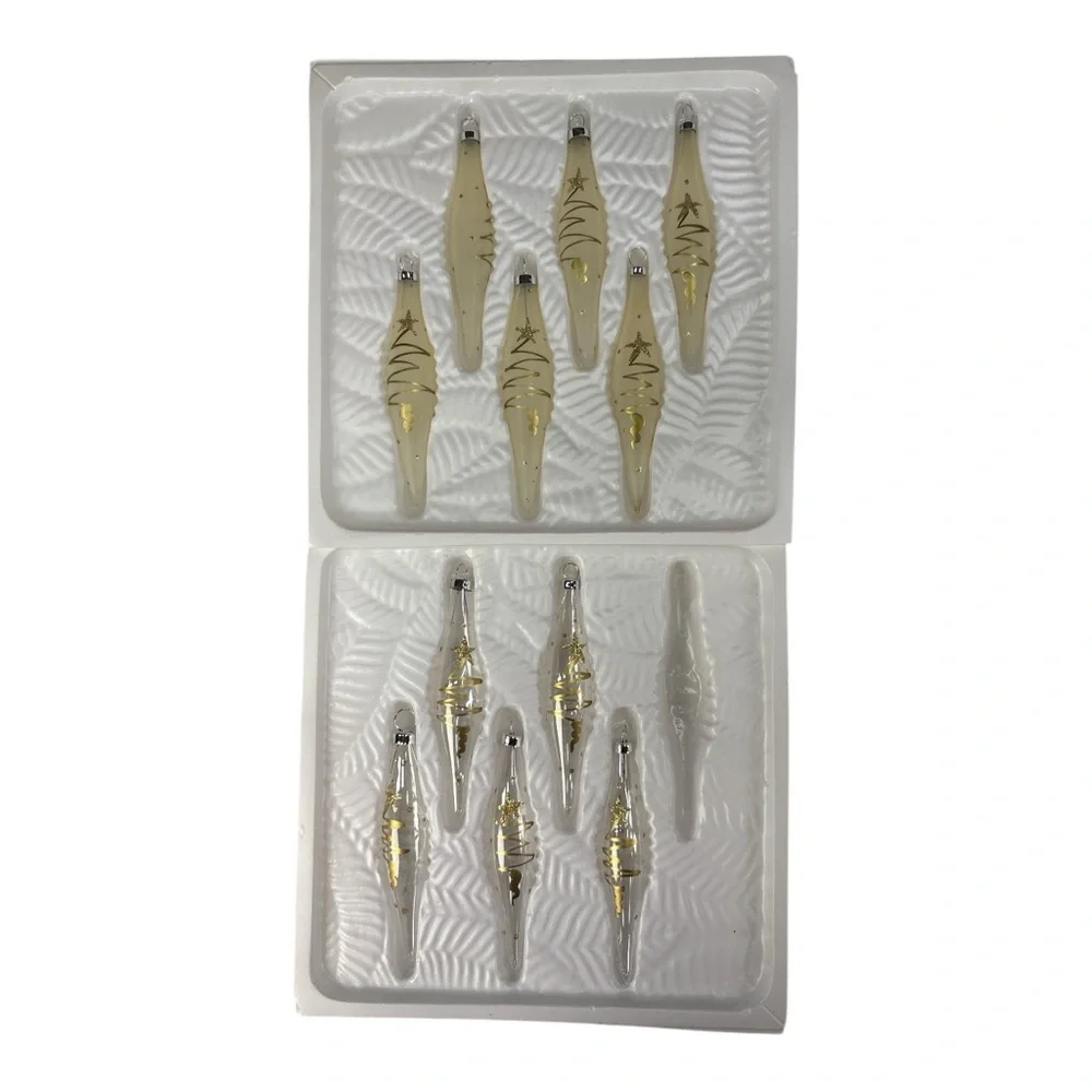 11 Vtg Holiday Time Christmas Torpedo Glass Ornaments Clear & Frosted Gold